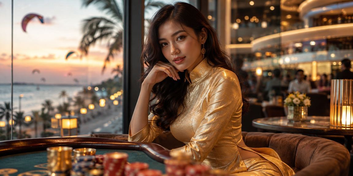 Người chơi baccarat mặc áo dài tại khu nghỉ dưỡng Mũi Né nhìn ra bờ biển
